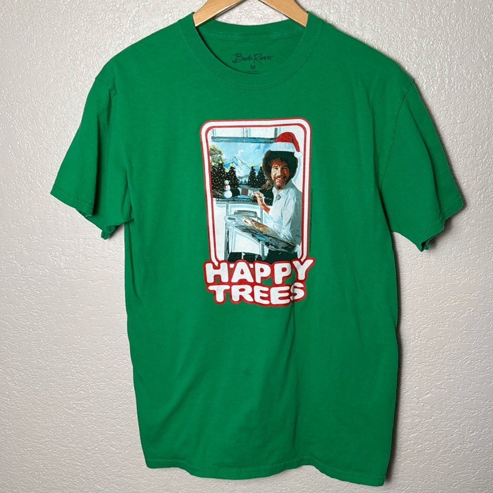 Bob Ross Medium Unisex Green Holiday Shirt Happy Trees 100% Cotton Festive‎